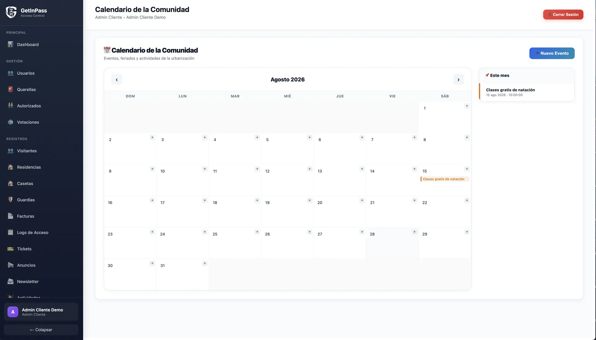 Calendario de la comunidad con eventos
