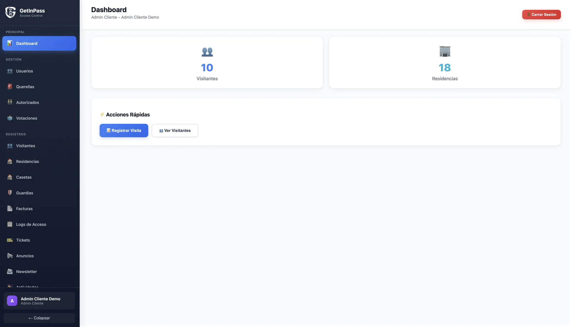 Dashboard del administrador de GetInPass