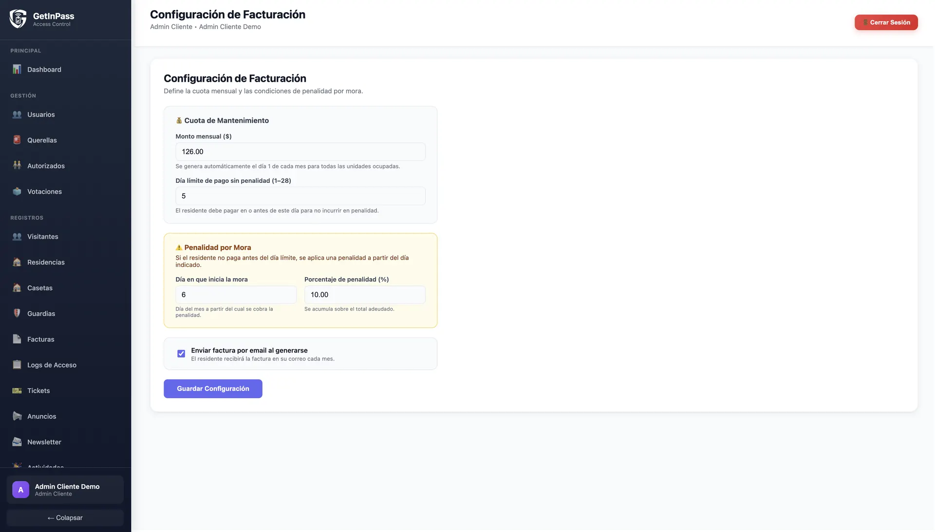 Configuración de facturación y penalidad por mora