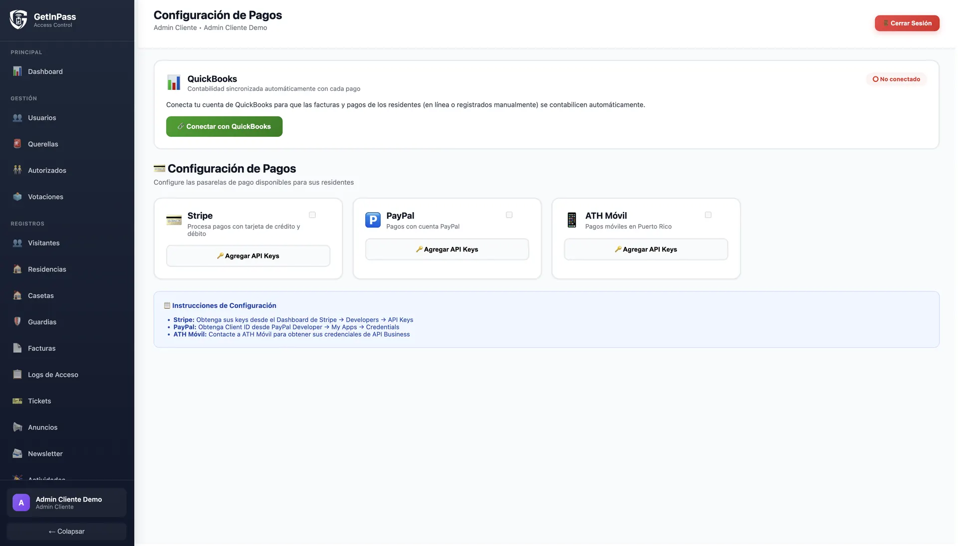 Configuración de pagos con Stripe, PayPal, ATH Móvil y QuickBooks